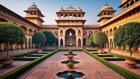 Mughal architecture with symmetrical courtyard and tiered fountains