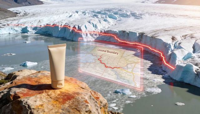 Beige cosmetic tube standing on outcrop casting shadow over glacier lake with holographic map