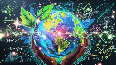 Hands Cradling Glowing Earth with Science Icons and Energy Symbols
