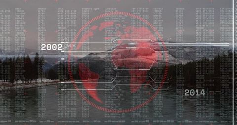 Translucent world map graphical overlay on tranquil lake