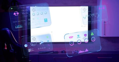 Glowing wall-mounted monitor displaying holographic hud panels in neon gaming workspace