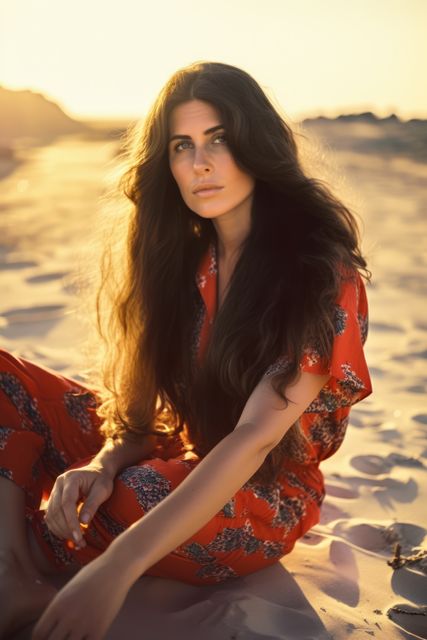 Elegant Woman Sitting on Sandy Beach at Sunset in Summer - Download Free Stock Images Pikwizard.com