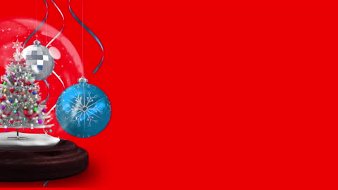 Dynamic holiday animation featuring a decorated Christmas tree accompanied by colorful baubles and swirling ribbons. Snowfall adds to the festive and wintry atmosphere against a vibrant red background, making it ideal for holiday promotions, greeting cards, and festive event invitations. The bright and cheerful vibe is perfect for seasonal marketing and storytelling in digital content.