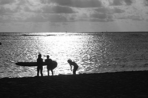 Silhouettes of Surfers Meeting the Ocean at Dusk