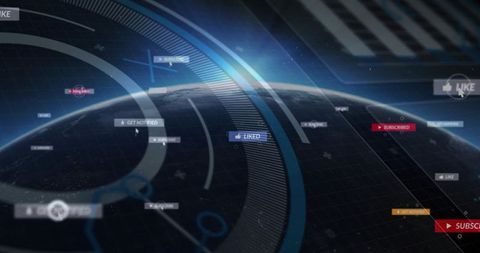 Globe orbiting with futuristic HUD overlays, social badges, blue-glow analytics interface