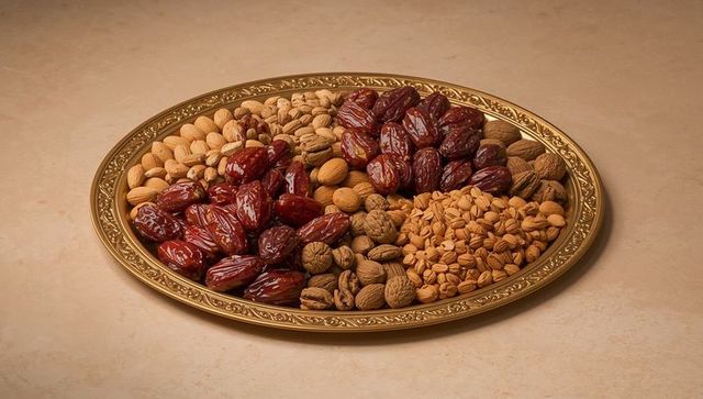 Displaying golden tray of glossy dates and mixed nuts for festive ramadan table