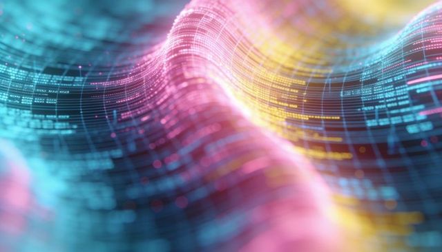 Neon data wave visualizing code flow and holographic grid for ai cyberpunk innovation