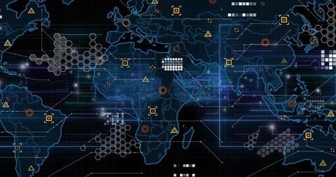 Global Cyber Network Visualization Showing Map with Hex Clusters, Glowing Nodes, Data Flow