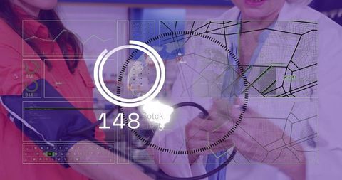 Clinician listening to patient forearm with stethoscope, futuristic medical hud overlay