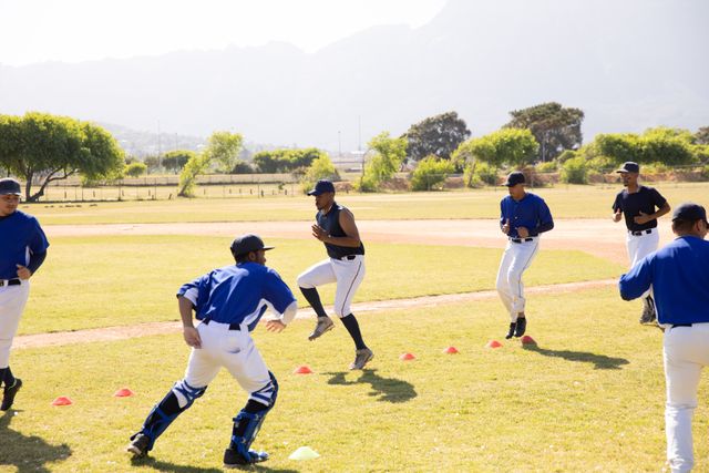 Multi ethnic team of male baseball players before a game in baseball field on a sunny day, warming up skipping and running. Baseball sports competition.