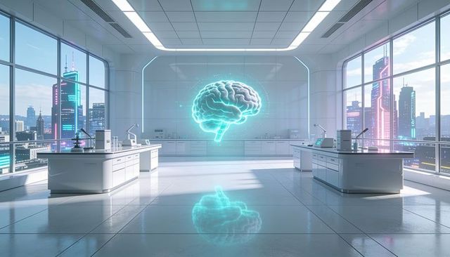 Futuristic high-tech lab showcasing holographic brain floating over glossy floor