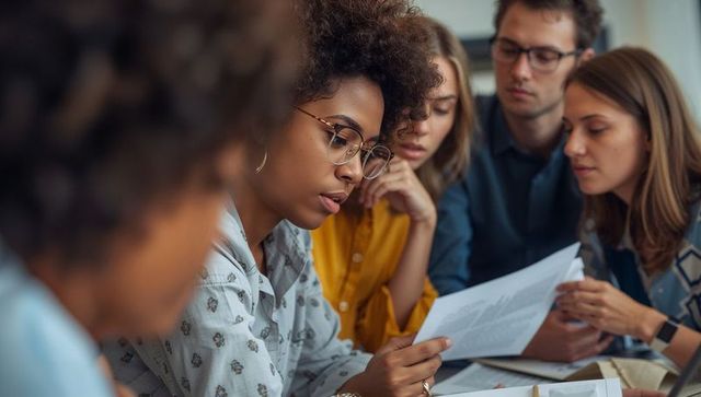 Young professionals reviewing documents together around table, focused woman with glasses