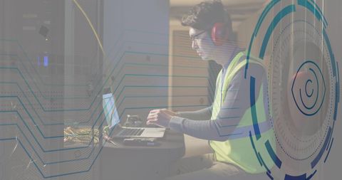 It engineer working in server room with futuristic cybersecurity interface
