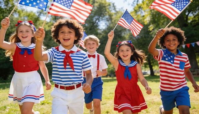 Children running and waving american flags in patriotic red white blue summer celebration