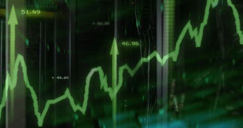 Visualizing Financial Growth Overlay on Data Center Racks with Neon Green Analytics Wave