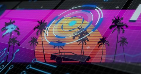 Futuristic sports car neon panorama with cyber-overlay