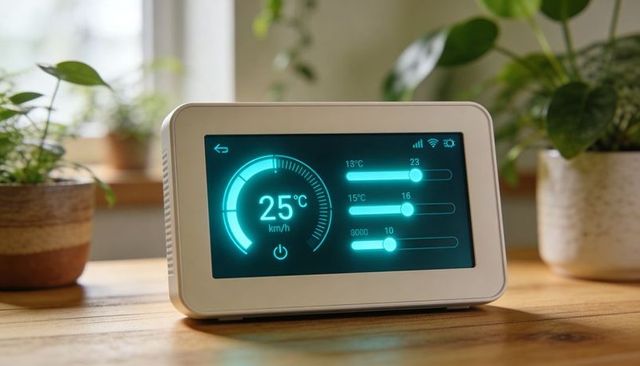 Smart thermostat touchscreen display showing 25°c gauge and climate control sliders on wood table