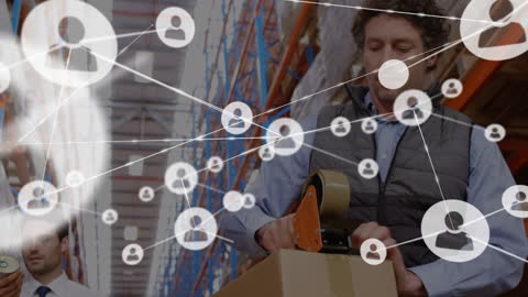 Warehouse Worker Packing Box in Digital Connection Animation
