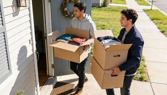 Two men carrying boxes of folded clothes into suburban front porch on sunny moving day