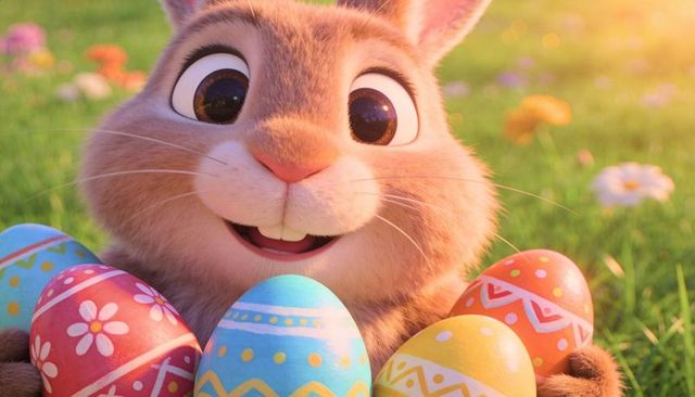 Cheerful cartoon bunny holding colorful easter eggs in sunlit meadow close-up