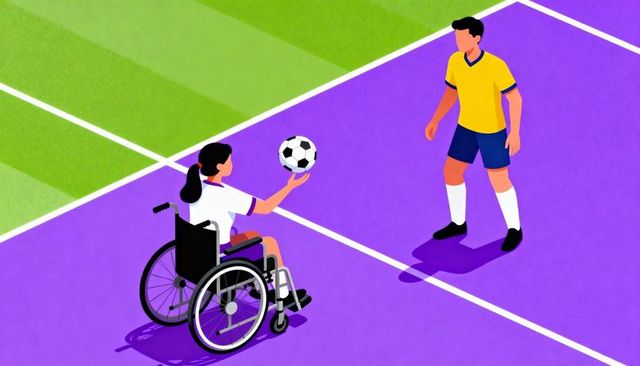 Wheelchair athlete passing soccer ball to standing teammate on vibrant purple court