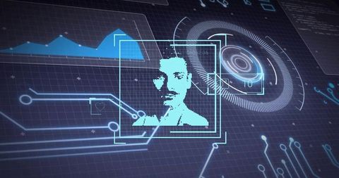 Futuristic biometric facial scanning interface with pixel portrait hologram neon cyber HUD