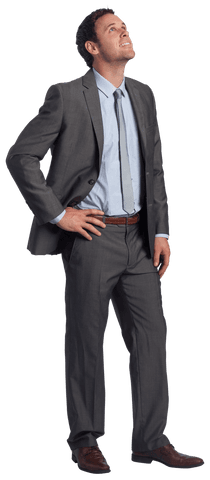Transparent Smiling Businessman Looking Up in Suit with Hand on Hip