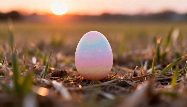 Pastel-striped easter egg glowing in sunrise meadow on dry grass with warm backlight