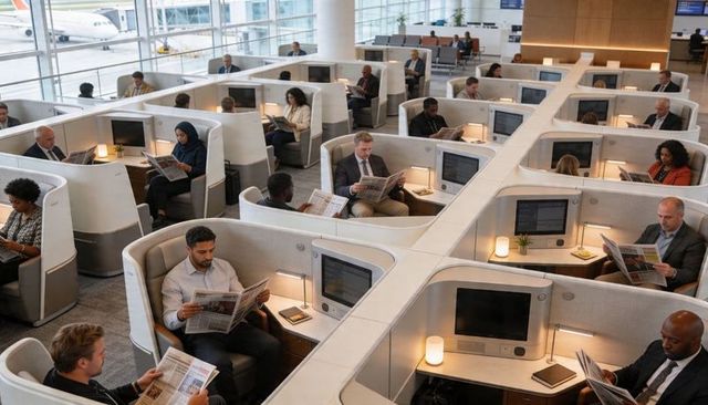 Business travelers reading newspapers in private lounge pods at premium airport terminal