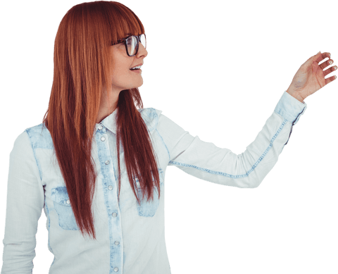 Caucasian Woman Pointing with Glasses on Transparent Background