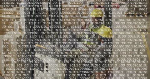 Commuter walking past construction crew with binary overlay representing smart infrastructure