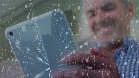 Businessman Using Tablet with Data Interface Overlay