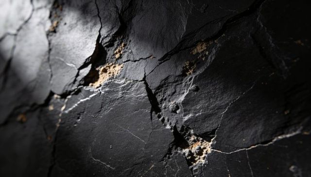Dark fractured rock showing white mineral veins and sand-filled fissures