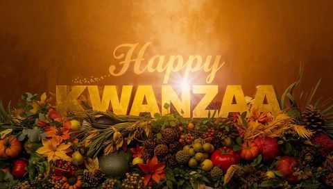 Glowing golden kwanzaa letters with happy script over autumn harvest of pumpkins, gourds
