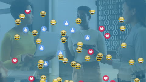 Emoji Overlay on Diverse Business People in Office Environment