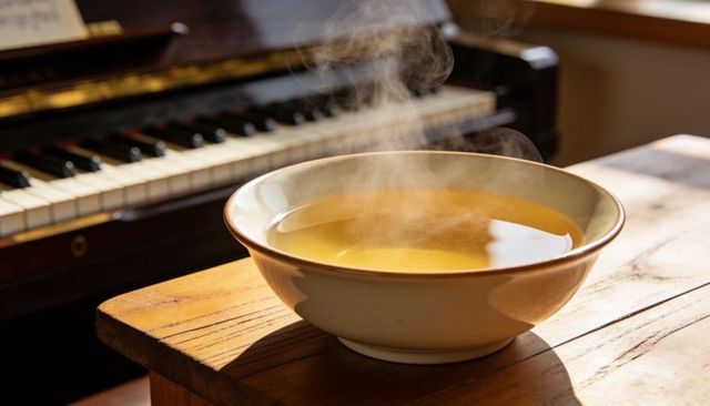 Steaming glazed ceramic bowl of amber broth on sunlit wooden table with piano keys