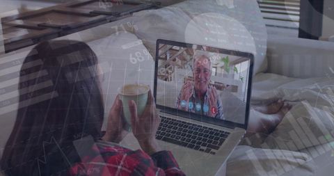 Woman Video Calling Man with Financial Data Overlay