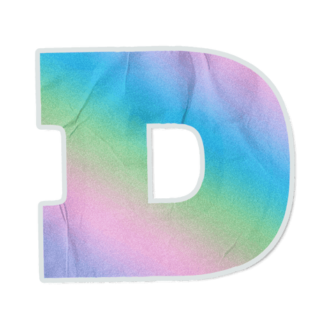 Transparent pastel letter d sticker hovering with creased paper texture and white outline