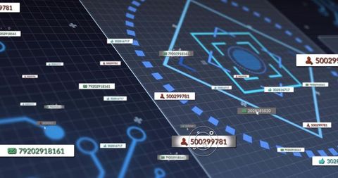 Central network node highlighting identifier 500299781 on futuristic analytics dashboard