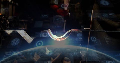 Gloved Artisan Forging Molten Curved Metal with Holographic UI over Earth Horizon
