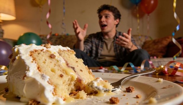 Cake slice oozing custard on plate with fork while man in plaid shirt is gesturing