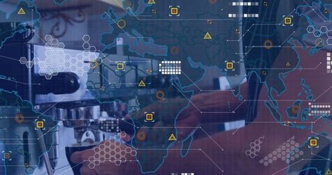 Barista crafting coffee with digital interface overlay