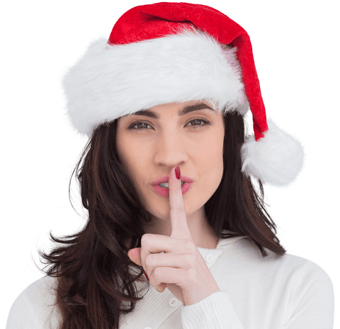 Festive Woman in Santa Hat Gesturing Silence with Transparent Background