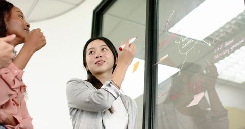 Female Professionals Collaborating on Transparent Board