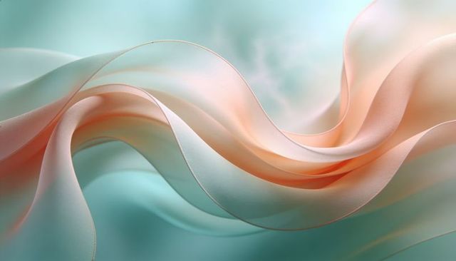 Flowing translucent ribbon waves in teal and peach minimalist abstract backdrop