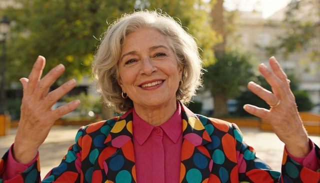 Smiling senior woman raising hands speaking in sunny plaza wearing colorful printed blazer