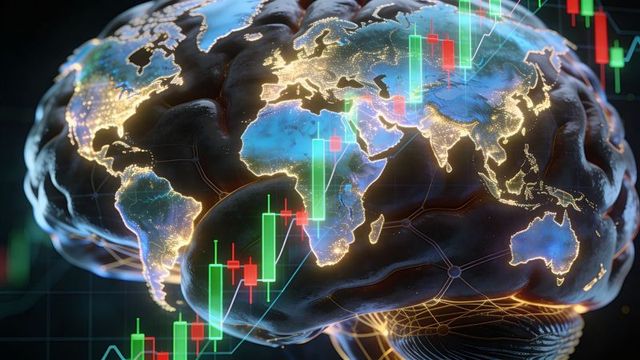Global brain network visualizing world map overlaid with financial candlestick charts