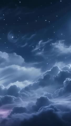 Vertical night sky drifting clouds shimmering stars crescent moon ambient loop video