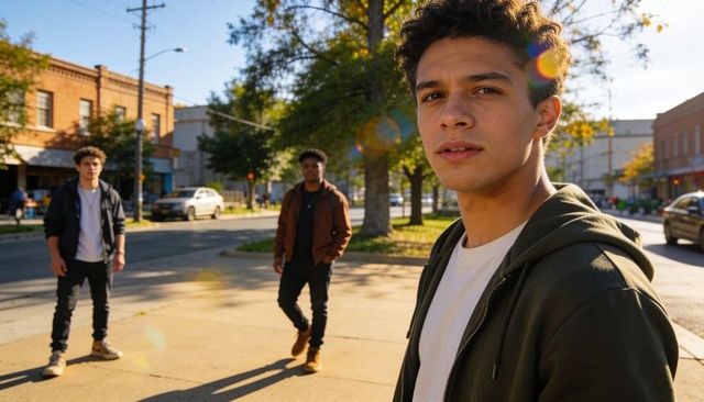 Latino teen standing on main street with friends during golden hour lens flare