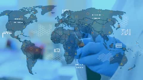 Global lab analysis showing world map overlay with gloved hands pipetting sample for data visualizat